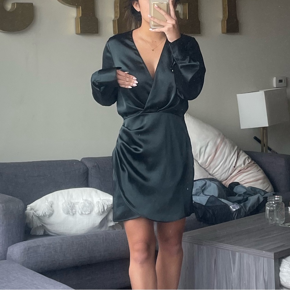 Emerald green satin wrap dress